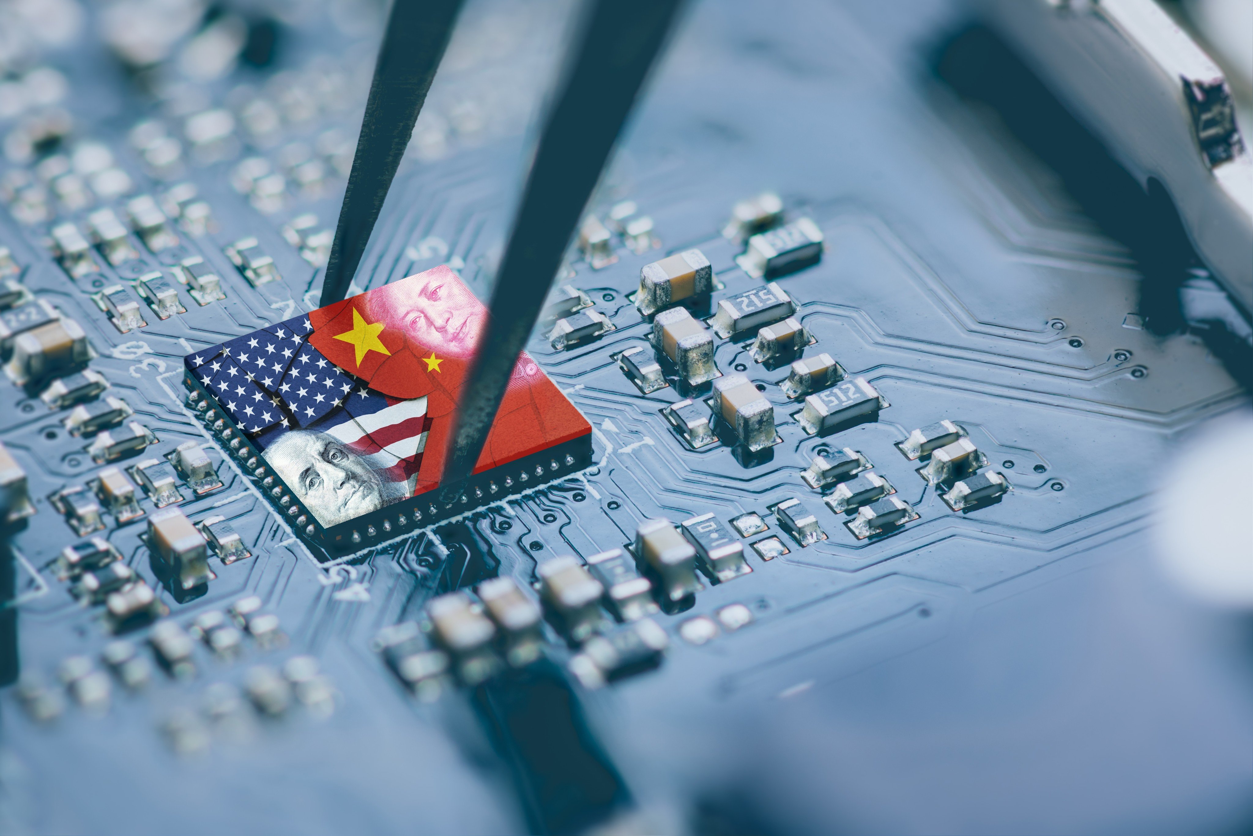 The American and Chinese flags adorn a microchip, symbolic of the sensitivity around semiconductor companies in the US-China tech war. Photo: Shutterstock